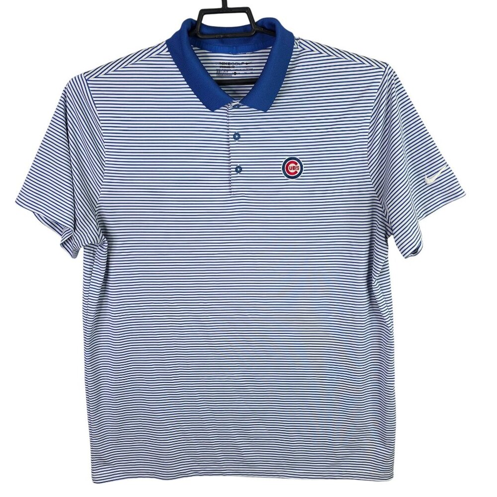 Mens Nike Golf Cubs Blue & White Striped Polo Shirt Short Sleeve Dri-Fit XL